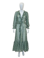 Doen Women's Ruffle Floral Printed Sheer Green Silk Long Maxi Flare Gown Dress S
