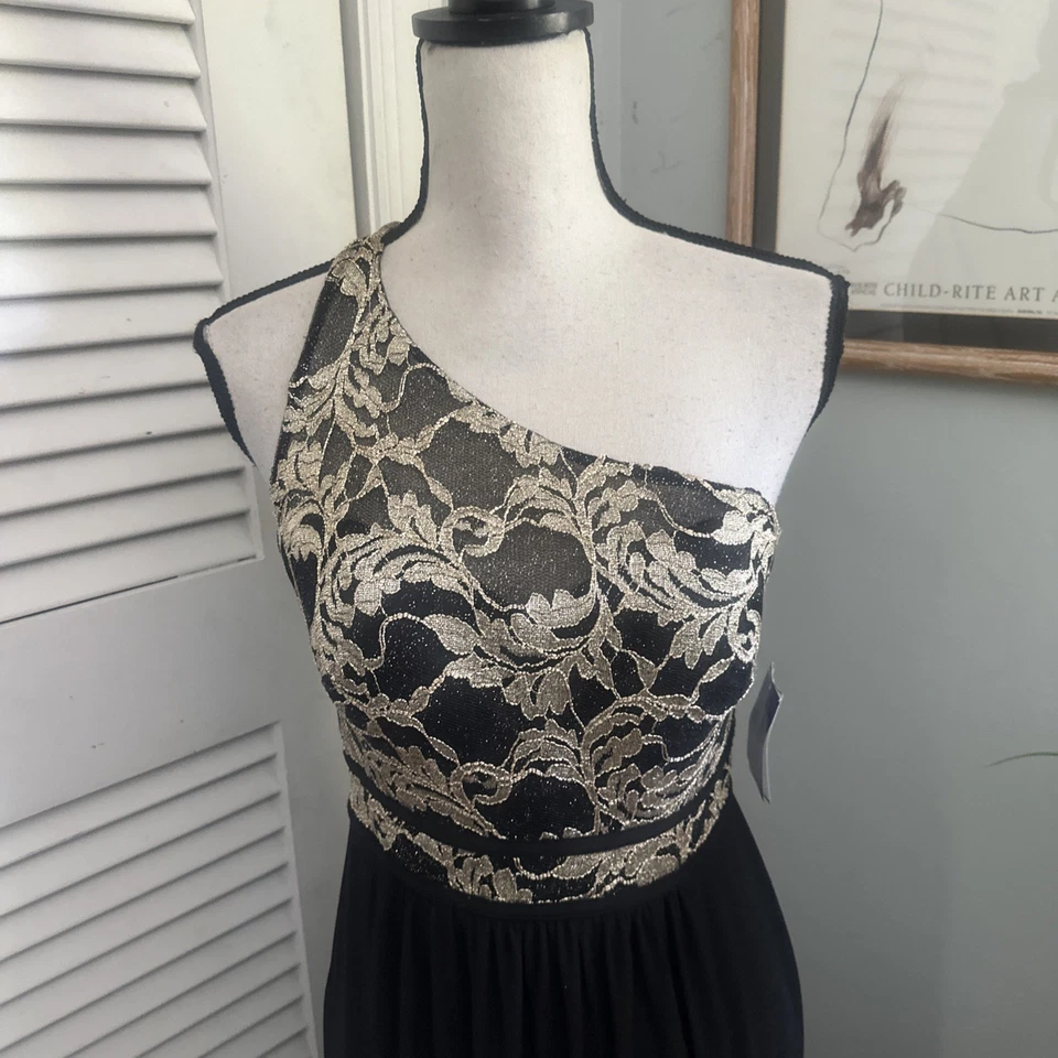 DAVIDS BRIDAL MORGAN CO Mujer Vestido 4 Negro Dorado Un Hombro Vestido Noche Glamour Foto 3 de 4