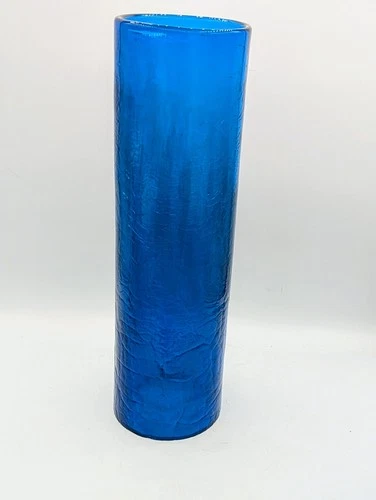 Vintage MCM Blenko Glass 990 Blue Hurricane Shade Turquoise Crackle 14” Cylinder