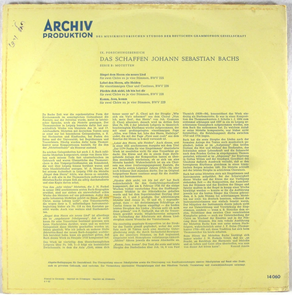 ARCHIV Bach RAMIN Motets BLEYER Cello STORH Bass TEITZE Harpsichord APM-14060 - Image 4 of 4