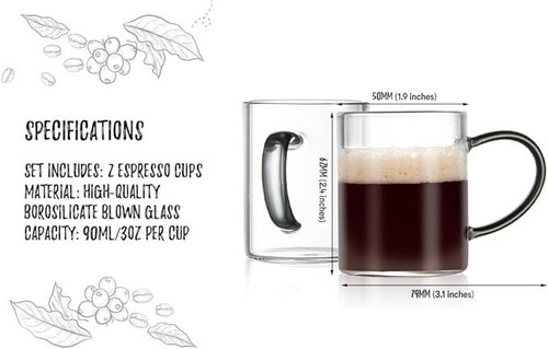 Tazas de espresso mini vidrio de borosilicato de bacimi 3 oz / 90 ml, juego de 4 asa de humo - Imagen 5 de 7