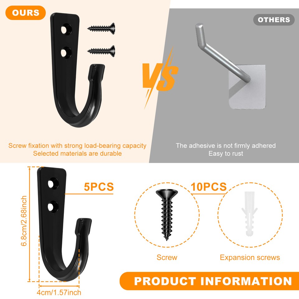 5Pcs Wall Hooks Heavy Duty Metal Wall Hangers with Screws Large Single