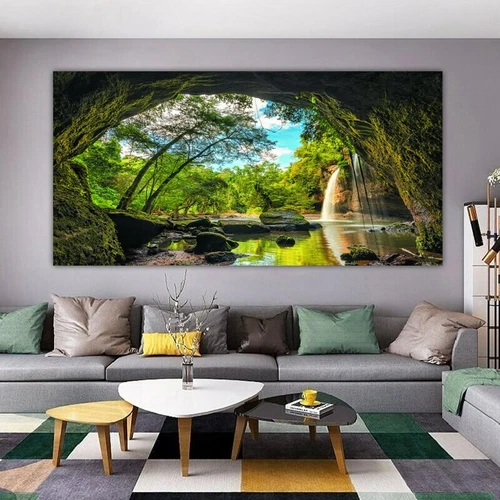 Landscape Picture Hole Tree Waterfall Canvas Painting Home Decor Poster Wall Art - Picture 4 of 6