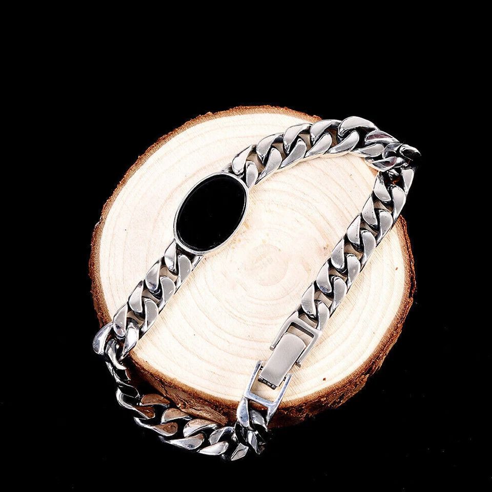 Brazalete de eslabones cubanos Miami ágata negra 925 maciza real 7,9" Foto 2 de 4