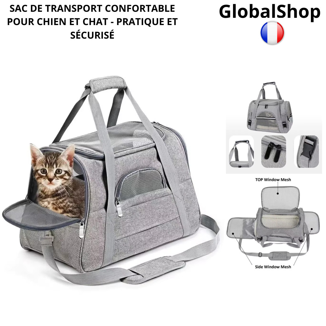 Sac de Transport Chien Chat Confort Sécurité Ventilation 43x25x28cm Gris
