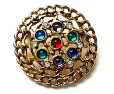 BROCHE Doré vintage Chaîne doré Cabochon Rouge vert Bleu Violet strass 4,8cm