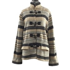 Doncaster Cream Blue Striped Knit Geo Knit Coat Jacket Womens Large 100% Wool