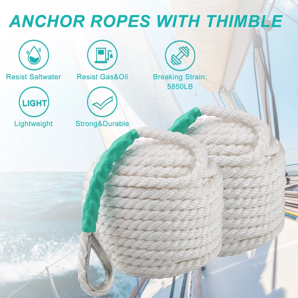 Cuerda de 1/2 pulgada 200 pies retorcida de tres hilos de anclaje cuerda de nailon línea de barco con dedal Foto 2 de 4