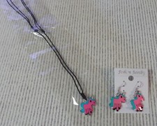 UNICORN earring and necklace set Pink blue enamel Cute NICE