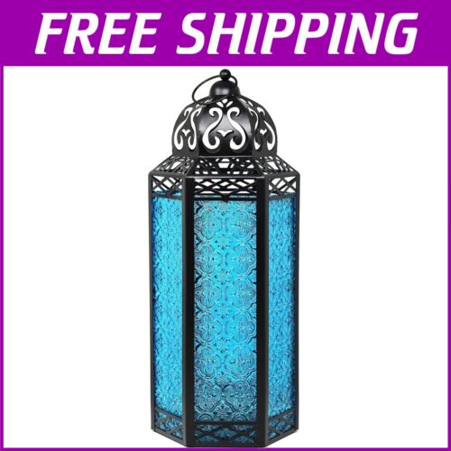Extra Large Moroccan Lantern Candle Holder Lamp - Blue Metal Decorative Light