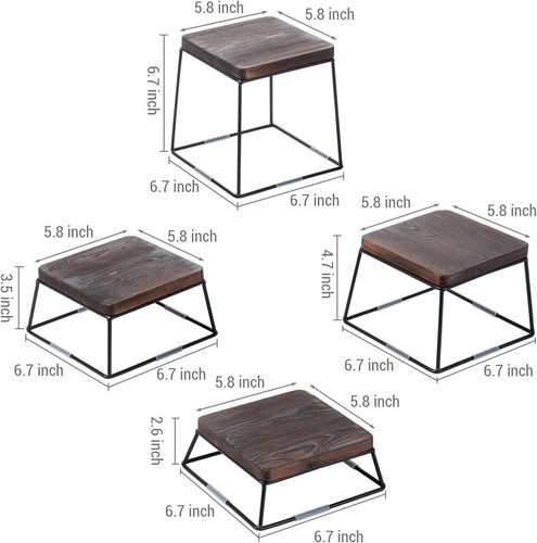 MyGift Set of 4 Burnt Wood and Black Metal Wire Square Dessert Risers Stands - Picture 4 of 7
