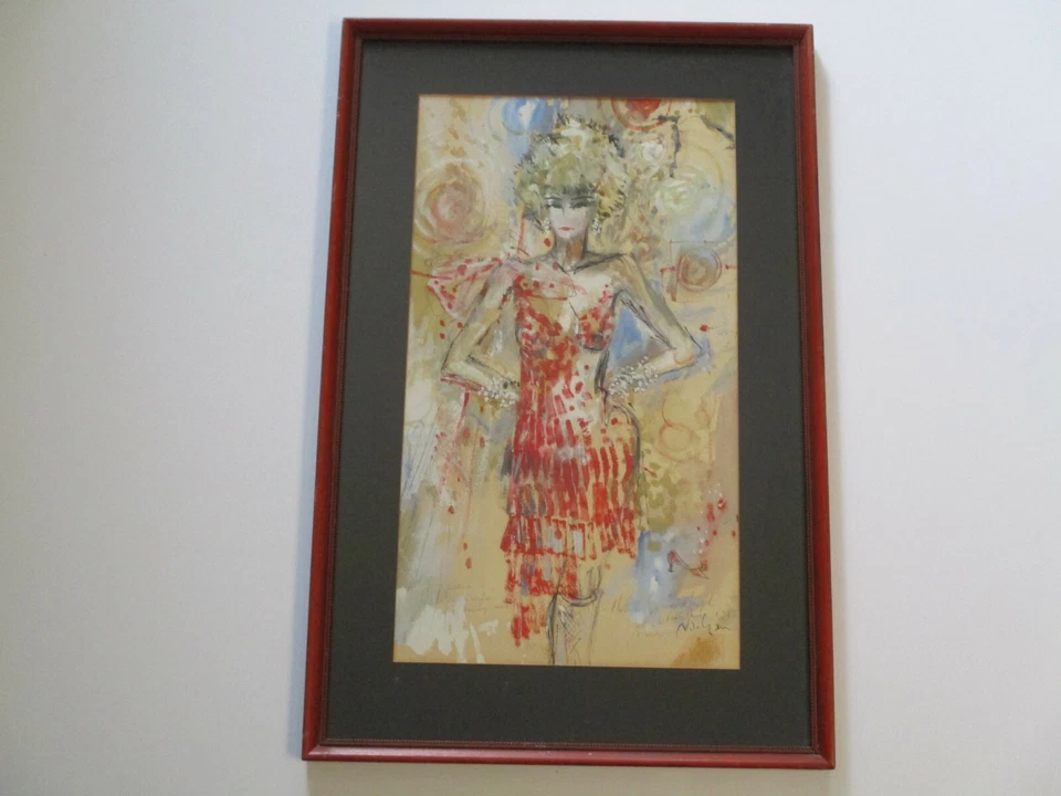 PINTURA ARTISTA MISTERIO MEDIADOS SIGLO RETRATO MODERNO FIRMADO MUJER MODELO MODA Foto 2 de 4