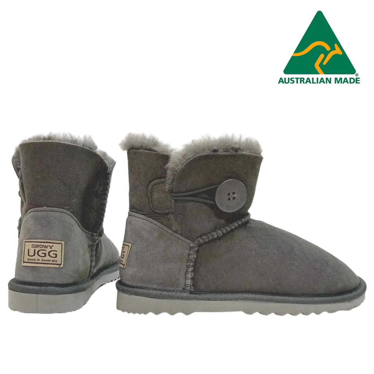 Australian Made UGG Boots Genuine Merino Sheepskin Side Button Mini Grey