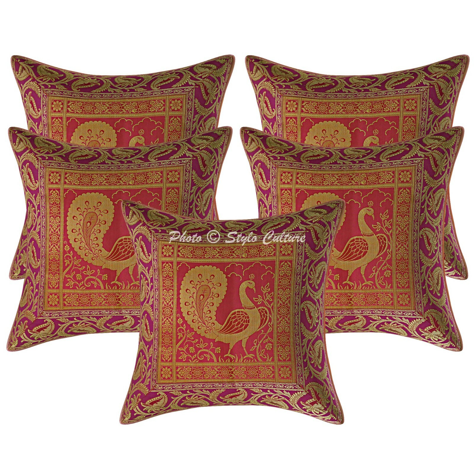 Magenta Jacquard Brocade Peacock Cushion Cover