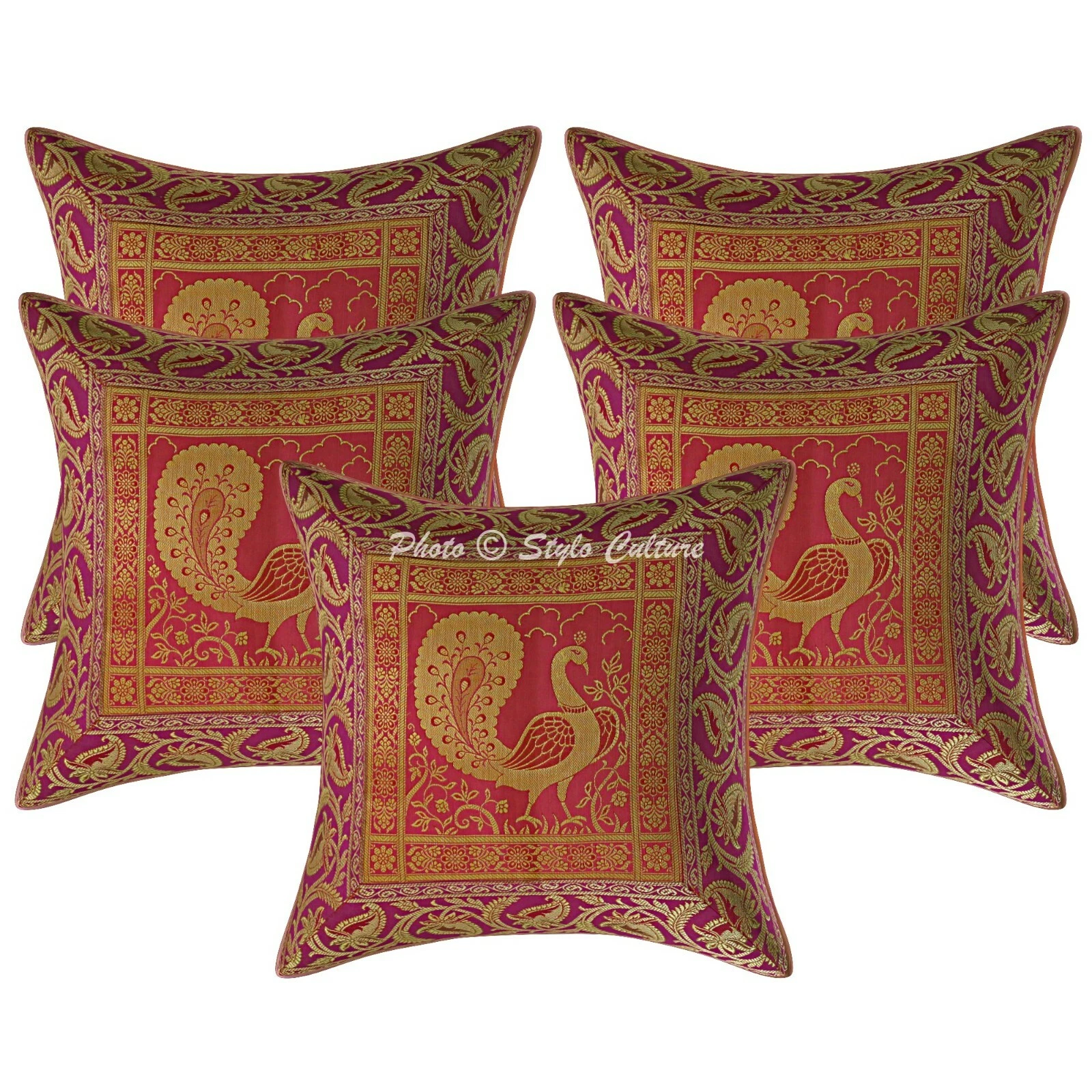 Scatter Cushion Covers Magenta 16 x 16 Jacquard Brocade Peacock Throw Pillows