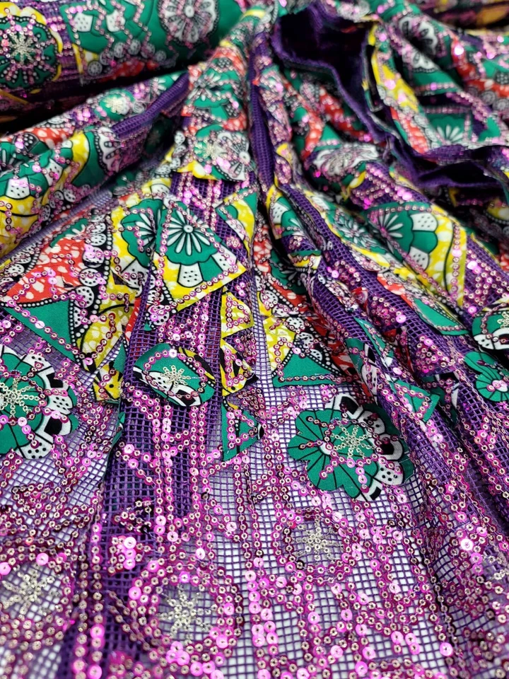 Tela de algodón bordada amarillo VERDE encaje lentejuelas lavanda se vende por yarda  Foto 4 de 4