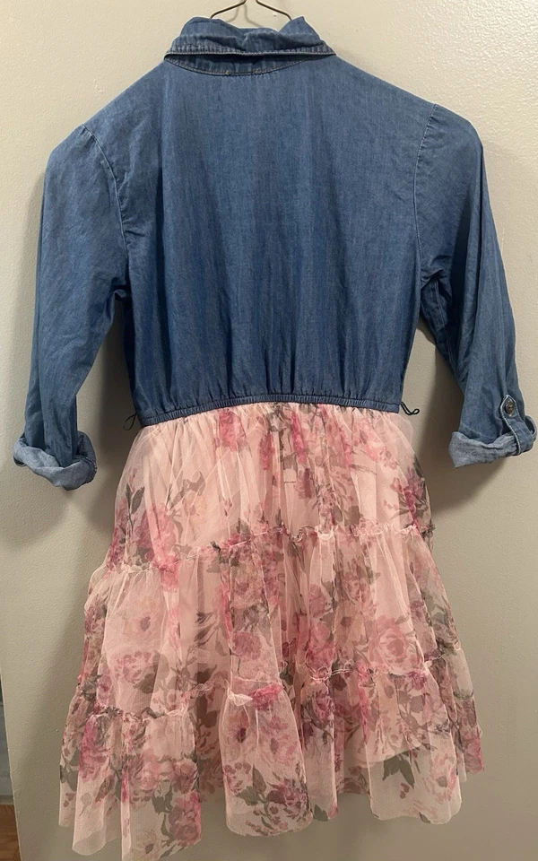 Pink And Violet Girls Denim Dress With Tulle Tutu Size 10 Back To School Dress - Image 4 of 4