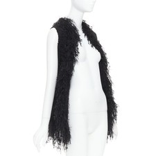 BALMAIN black fringe tweed gold varsity buttons drape front vest FR36 S