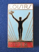 Rare Antique 1938 French Enamel Pin LOISIRS people Champion C. Lamond Ltée