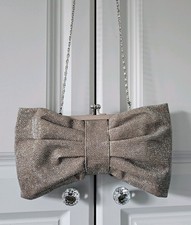 Accessorize Metallic Champagne Gold Bow Clutch Bag Evening Wedding Party Chain