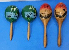 Pair of 2 Vintage Original Mexican Handpainted Wooden Fiesta Maracas