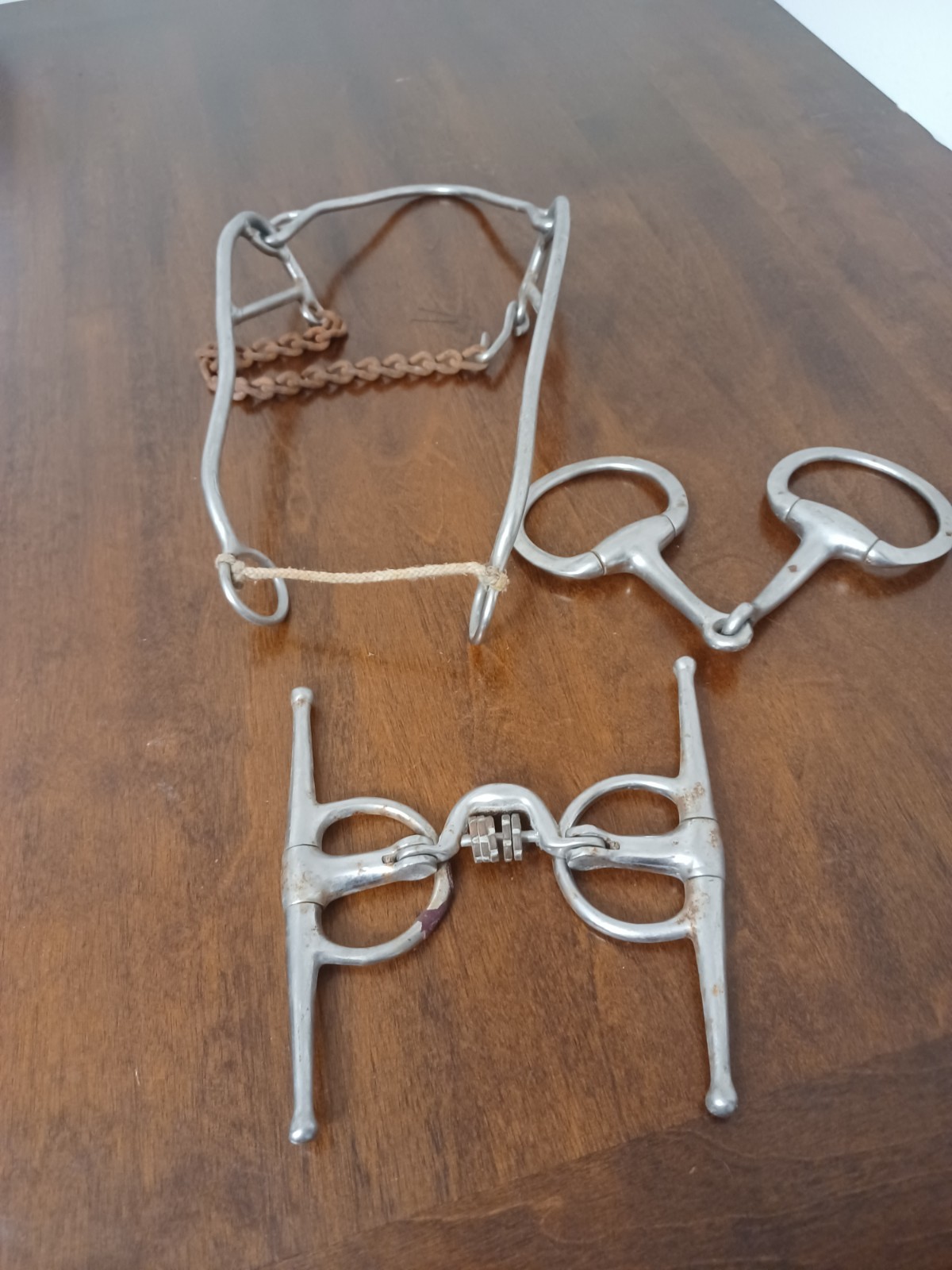 HORSE BITS 3 TOTAL  HACKAMORE, FRENCH FULL CHEEK SNAFFLE AND EGGBUTT SNAFFLE ALL