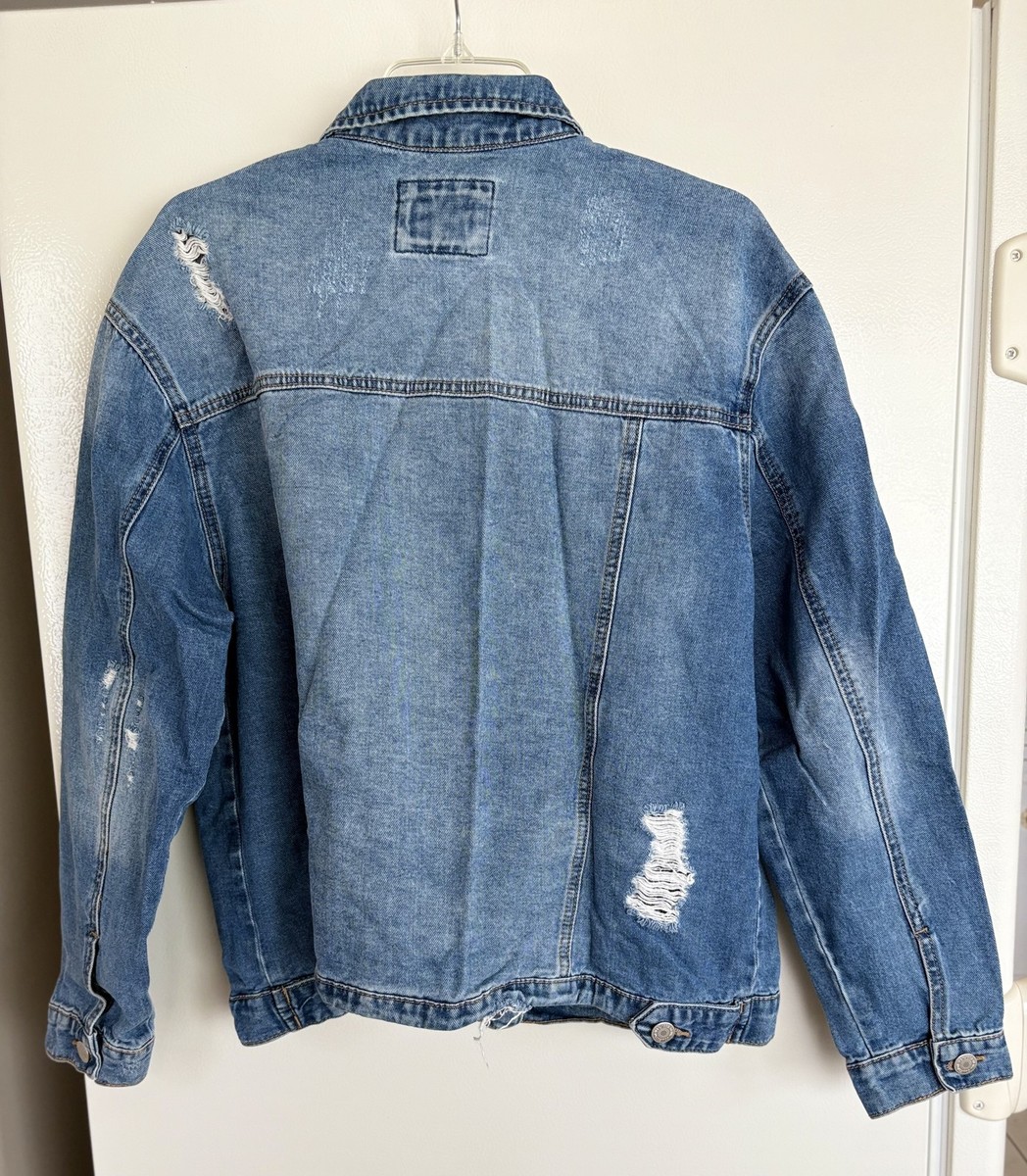 Wax Jean Denim Jacket Womens L Blue Distressed Basic Trucker