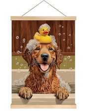 Funny Golden Retriever Bathroom Wall Art Decor 14x18.5'',Cute Dog in Bath DK01