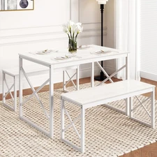 Dining Table with 2 Benches for 4, 43.3'' Wood Kitchen Room Dinette Sets with...