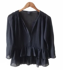 MODA International Sheer Black Peplum Top Collarless 3/4 Sleeve