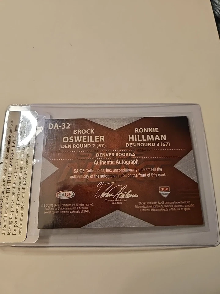 2012 Sage Next Brock Osweiler/ Ronnie Hillman DA-32 Auto 7/10 - Image 2 of 4