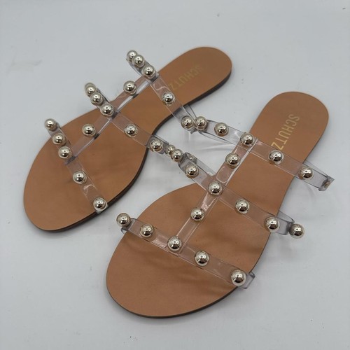 Schutz Sandal's Women's Sz 7 Tan Silver Studs Flats Clear Boho - Picture 2 of 6