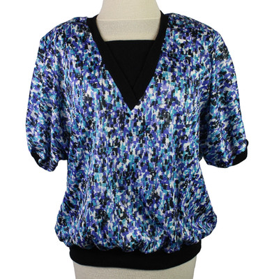 Vintage New Attitudes Blouse Blue/Purple Print Women Size L Short Sleeve Top