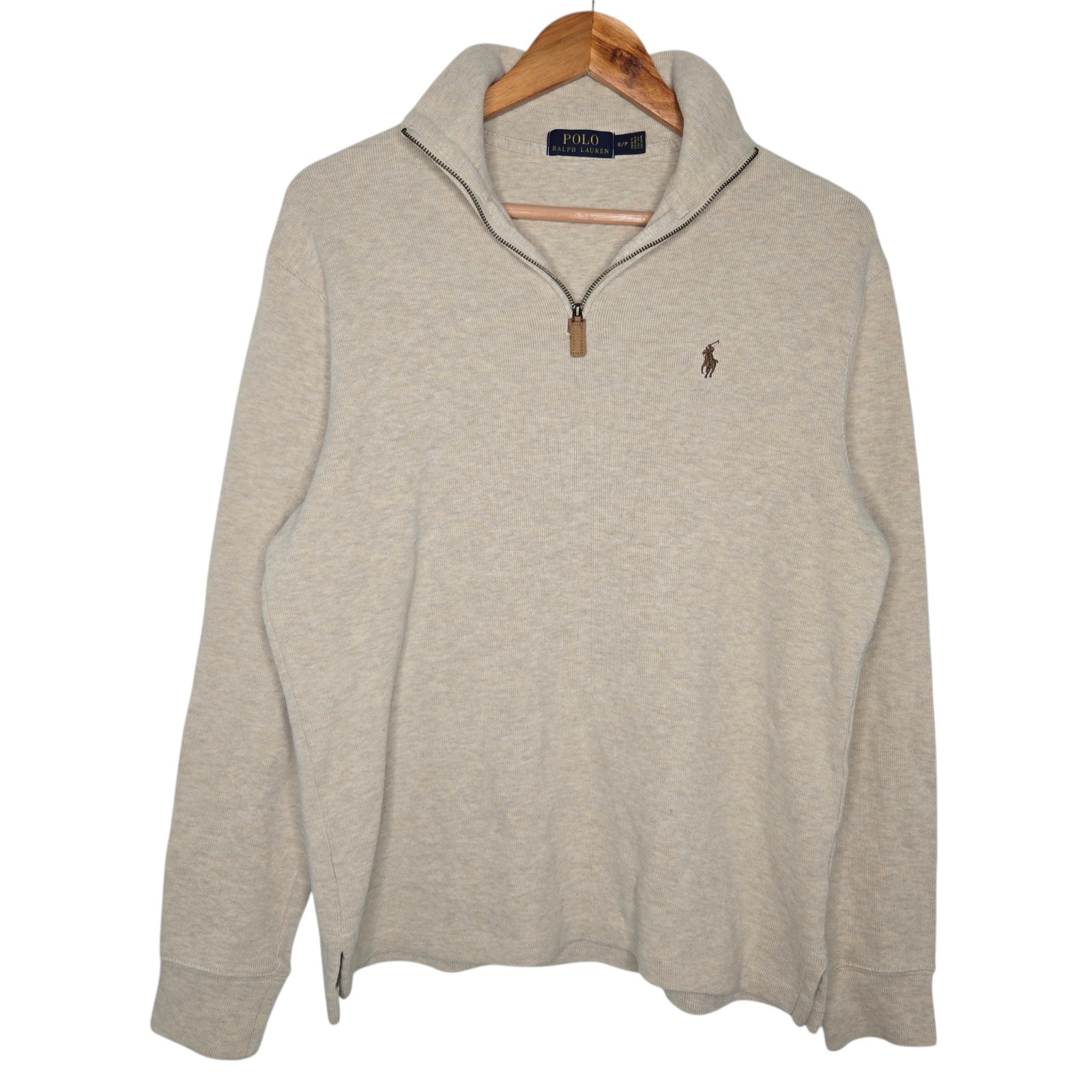 Polo Ralph Lauren Mens Oatmeal Tan French Rib Cotton Quarter Zip Pullover Small
