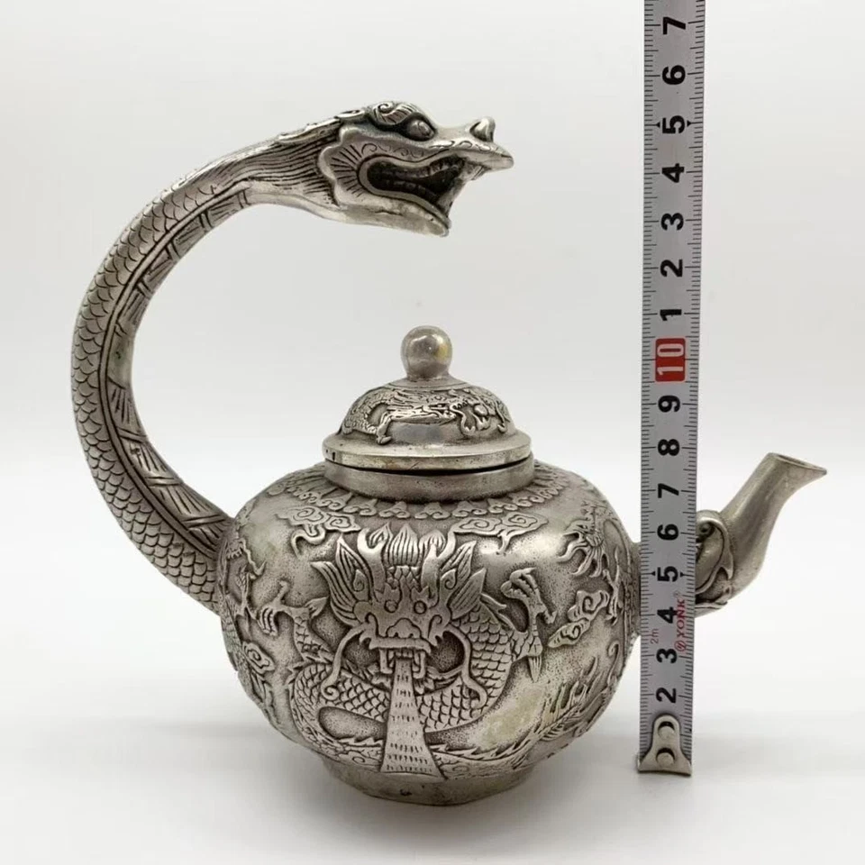 Tetera larga vintage de cobre con placa de plata hecha a mano dragón rey Foto 3 de 4