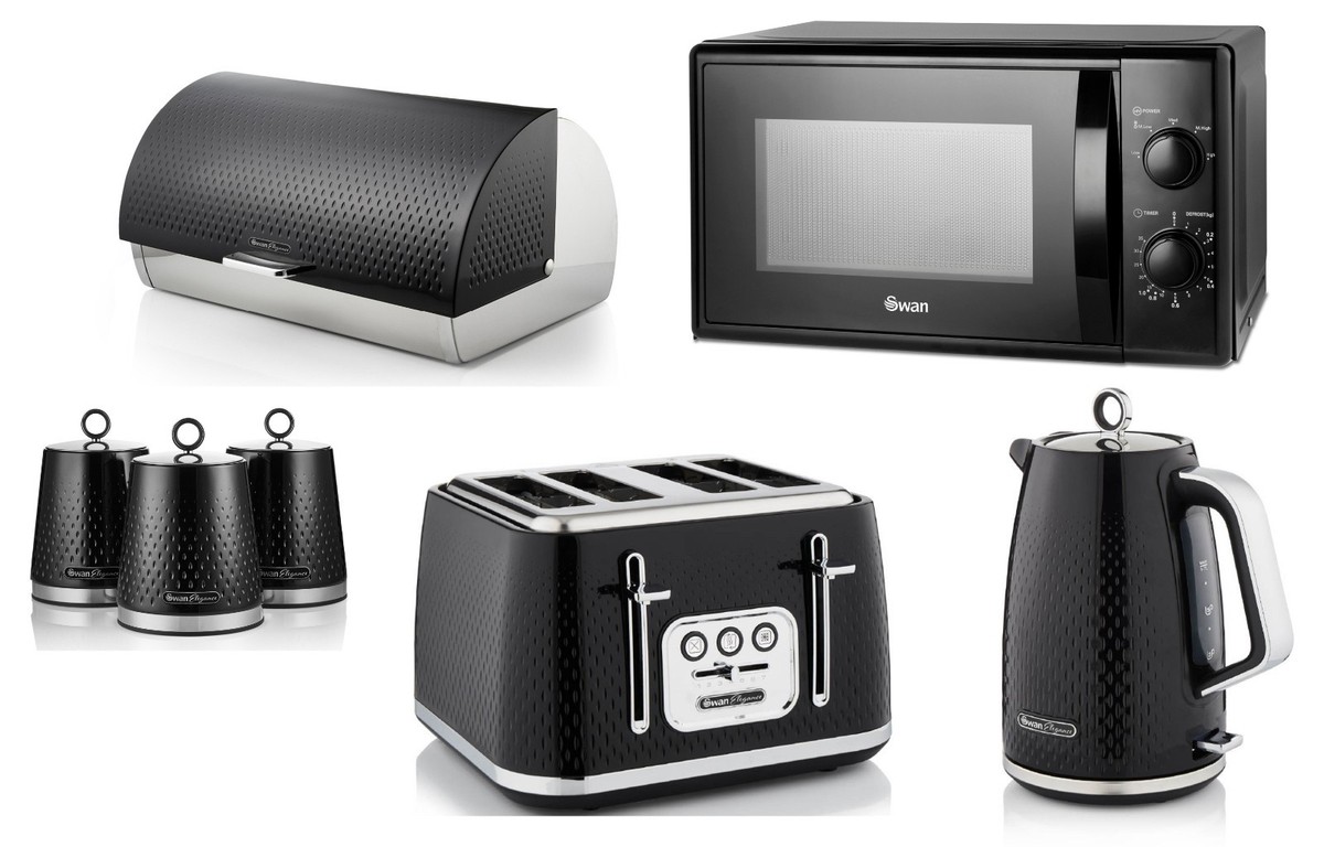 Swan Elegance Black Kettle Toaster Microwave Breadbin Canisters