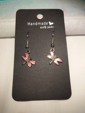 Pink Dragonfly Drop Earrings Dangly Hook  Silver Tone