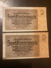 2 Consecutive 1937 Germany 2 Rentenmark Banknotes