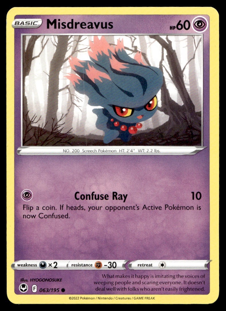 Misdreavus 63/195 Pokemon Card Silver Tempest Common 60 HP Lightly Played IK