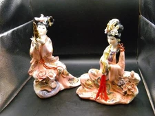 2Vtg Oriental Geisha Girl Gilded Glazed Porcelain Statuette Flute, Lotus Flowers