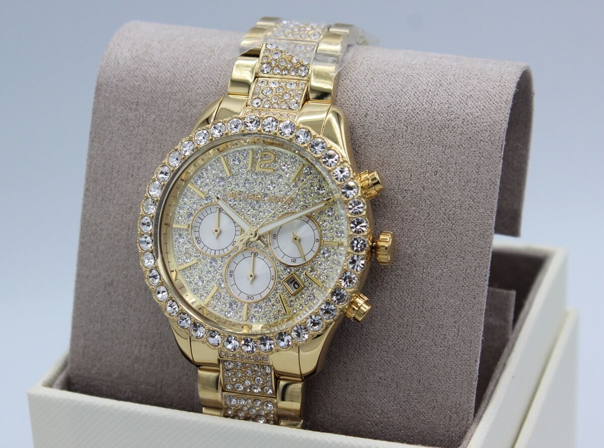 NEW AUTHENTIC MICHAEL KORS LAYTON CHRONO GOLD CRYSTALS GLYTZ NEW AUTHENTIC MICHAEL KORS LAYTON CHRONO GOLD CRYSTALS GLYTZ