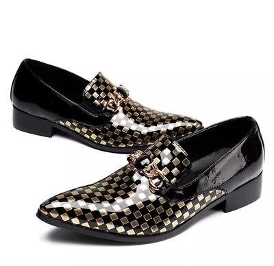 Mens Formal Shiny Plaid Leather Dress Business Chains Pump Pull On Oxfords Shoes