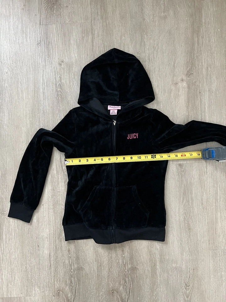 JUICY COUTURE Black Velour Hoodie Track Jacket Girls 8/10 Rhinestone Smiley Y2K - Image 4 of 4