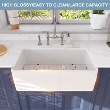 33" Large Fireclay Farmhouse Kitchen Sink Single Bowl w/ Grid Strainer