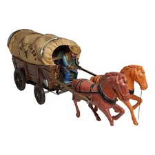 Vintage Modern Toys Tin Wagon Master Horse Drawn Carriage Battery Op Japan