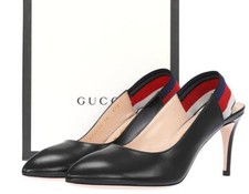 NEW GUCCI WEB SLINGBACK BLACK LEATHER 3.25" HEELS PUMP SHOES 36/US 6