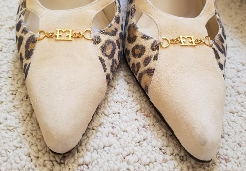 Escada two tone beige & animal print suede leather shoes size 7-1/2B, Italy - Picture 5 of 12