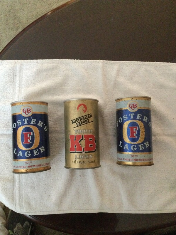 3 Lg. Vintage Australian Beer/Lager Tin Cans, 2 Foster’s 740 Ml, 1 KB 743 Ml, VG