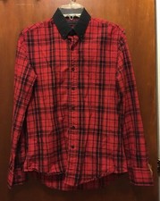 Men PUBLIC SCHOOL black Red Plaid Button Down L/s Cotton Shirt Sz Medium EUC Top