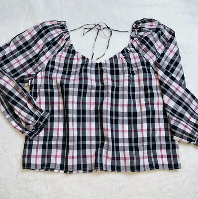 J. CREW Re-Imagined Womens V-Neck Top in Friday Blouse Plaid 3/4 Sleeve Size L